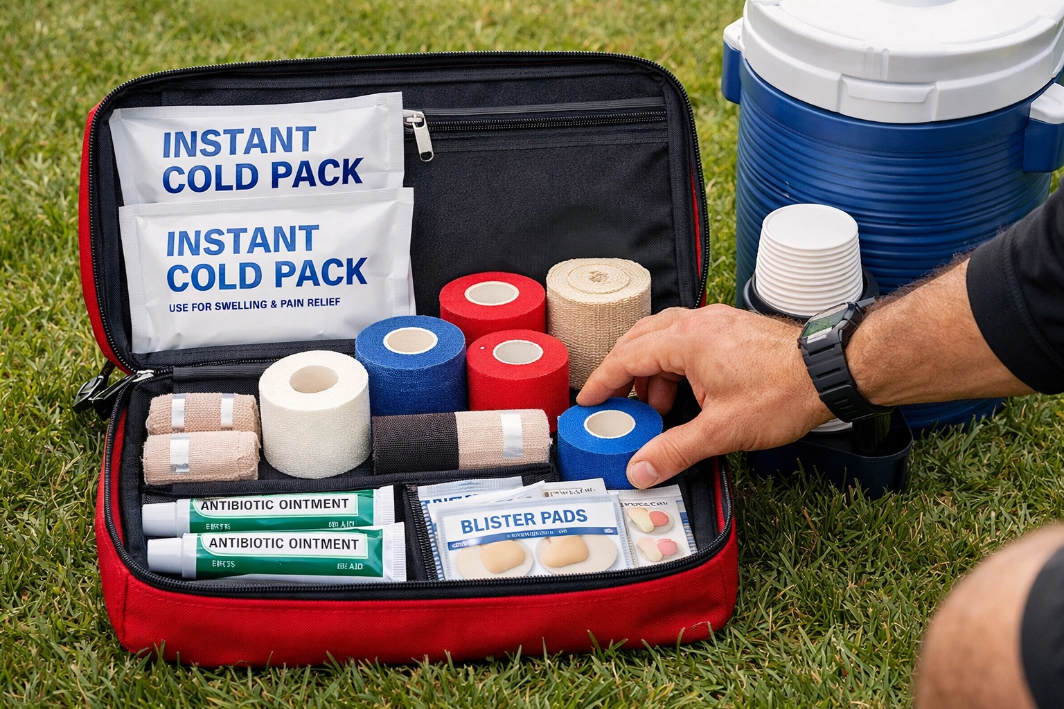 Open first aid kit with athletic tape and supplies next to water cooler on field