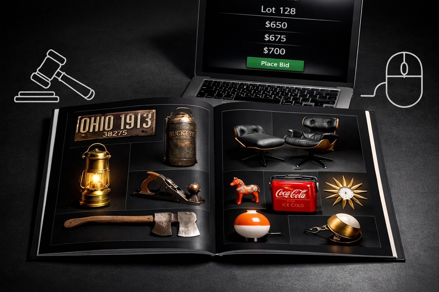 Online auction catalog displaying valuable estate items with digital bidding interface