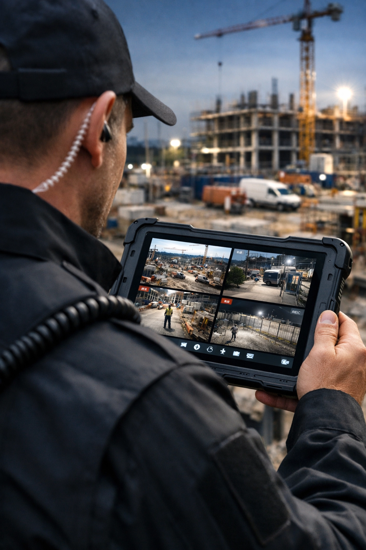 Security professional using mobile CCTV monitoring for a layered manned guarding approach on a building site.