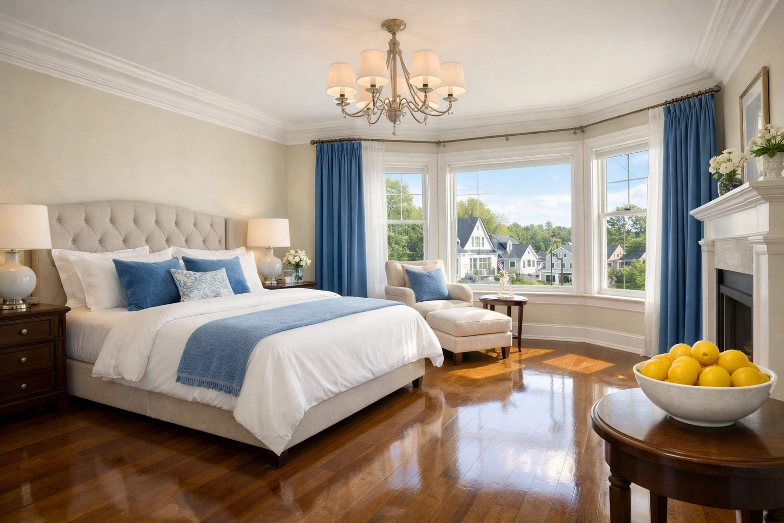 A spotless bedroom suite after a visit from professional cleaning services near me in Massachusetts.
