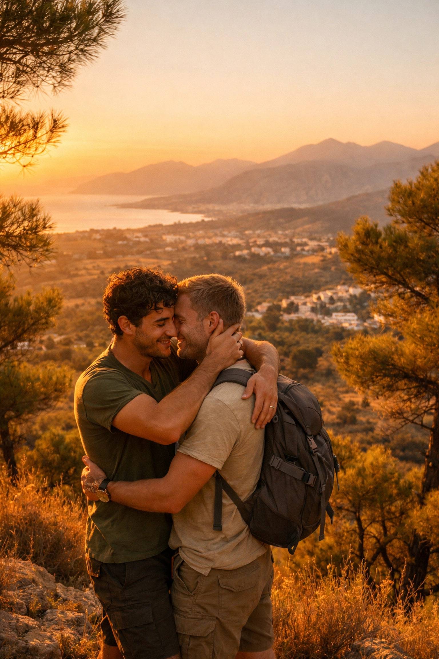 Gay couple embracing in Greek pine forest countryside at sunset depicting rural romance