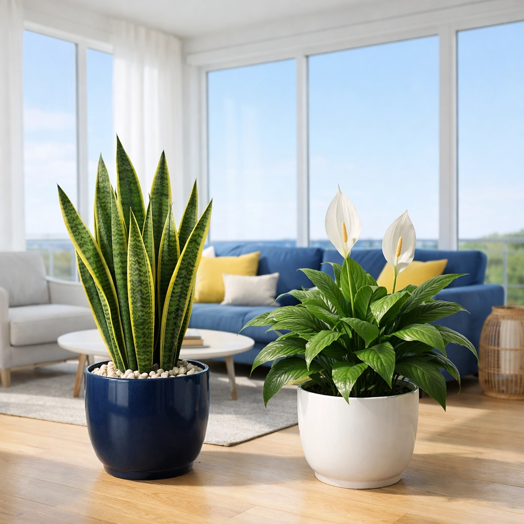 Snake plant and Peace Lily in a sunroom providing natural air filtration to reduce new house smells.
