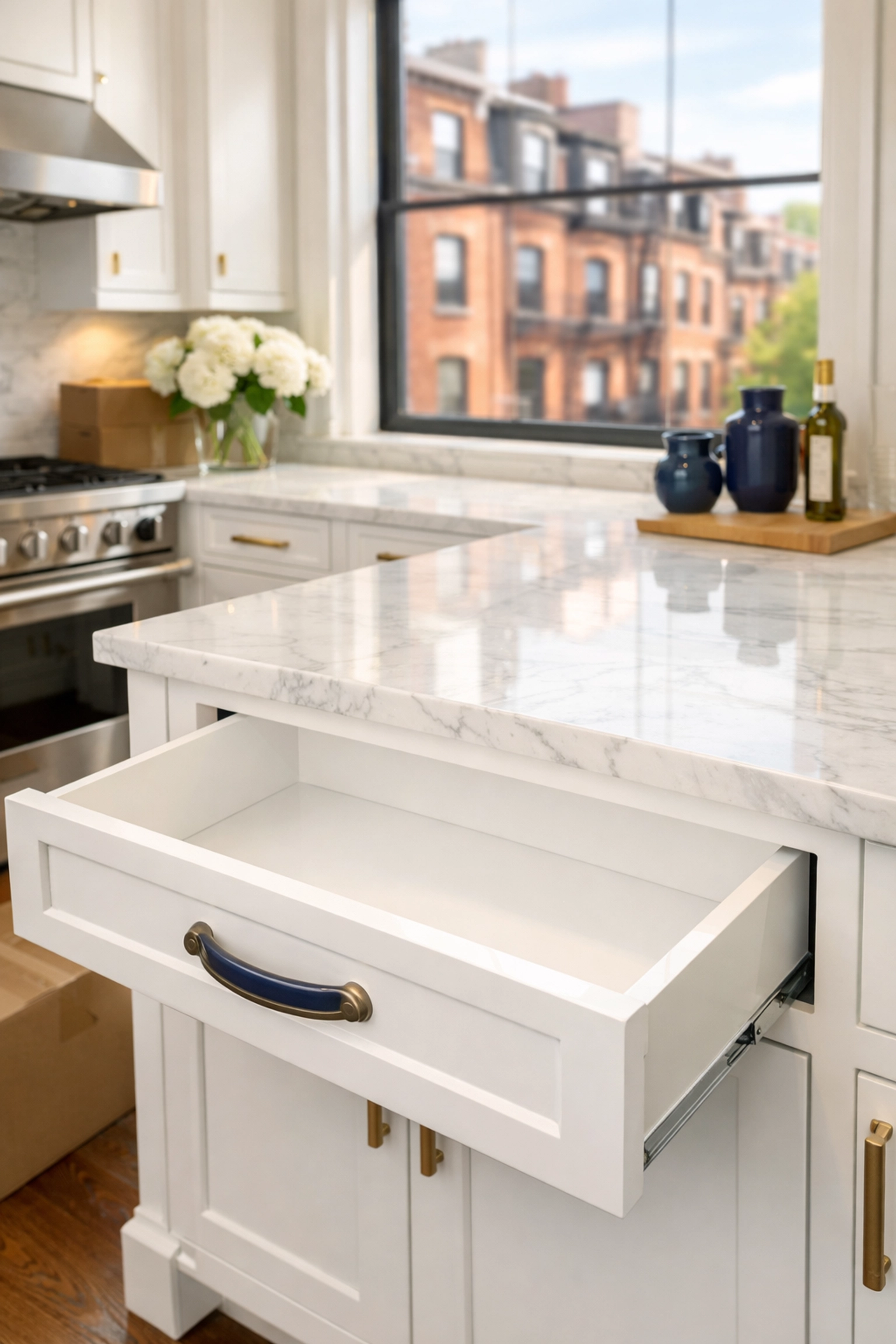 Professional move-in cleaning services Boston showing sanitized kitchen cabinets and polished countertops.