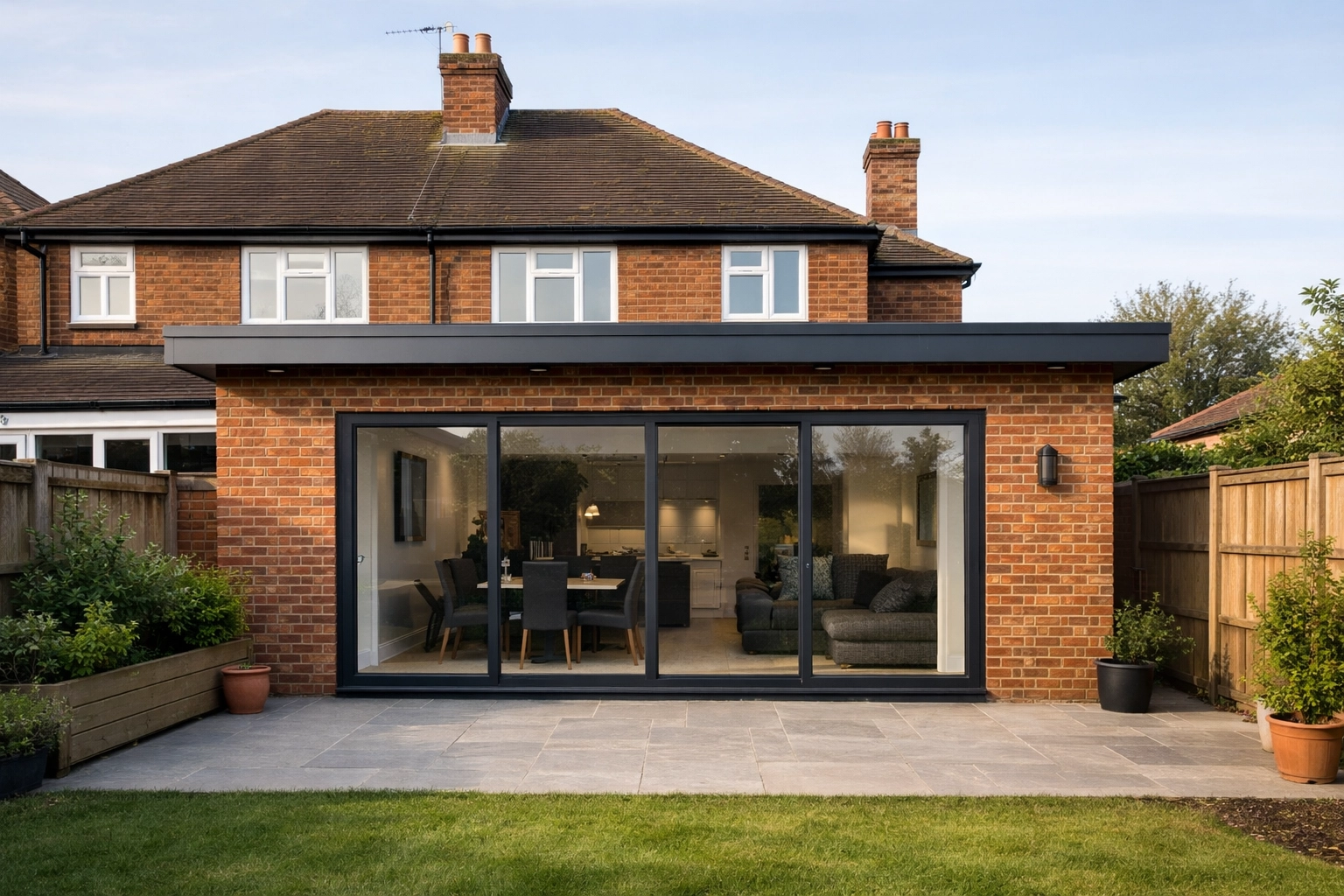Modern red-brick single-story rear extension in Hinckley with anthracite grey sliding doors and flat roof.