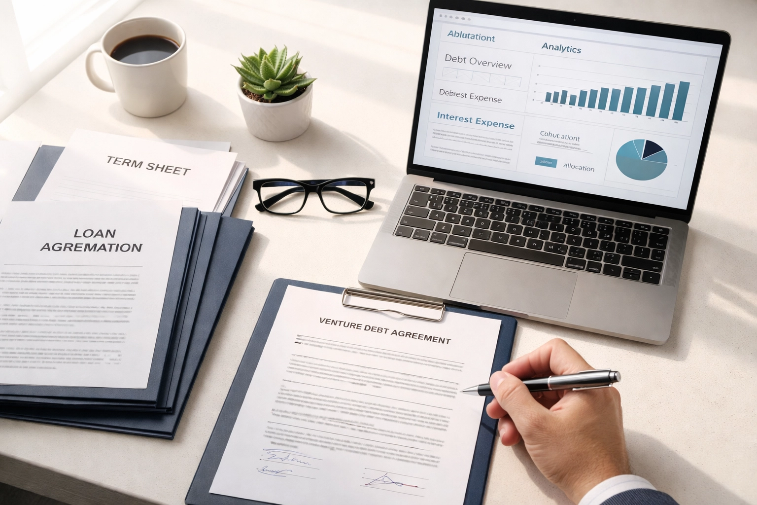CFO signing venture debt documents with financial analytics on a laptop, representing strategic innovation financing and non-dilutive capital.