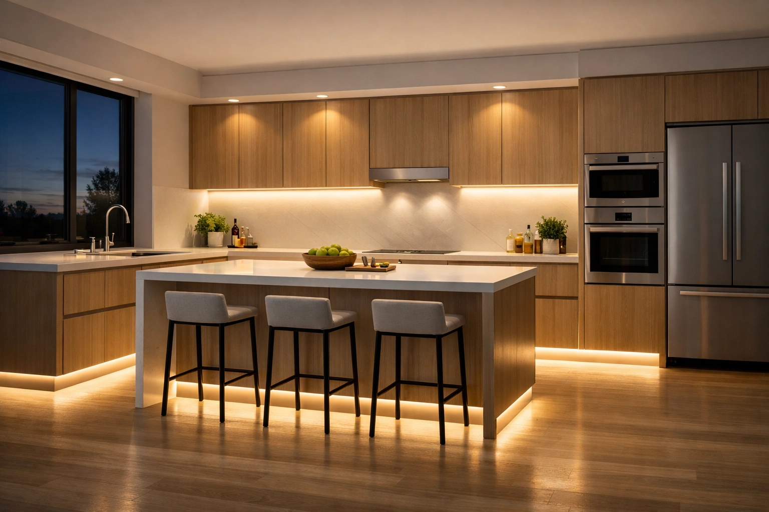 Ambiance de cuisine moderne avec rubans LED intégrés sous les armoires et au sol.