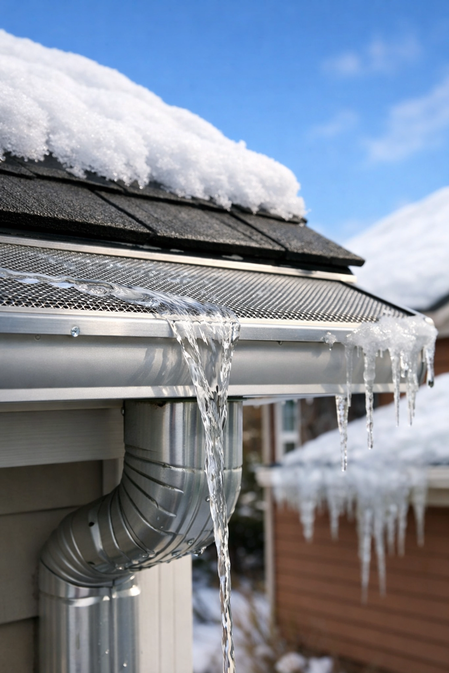 Gutter guards preventing ice dams during active snow melt on Lake Norman home