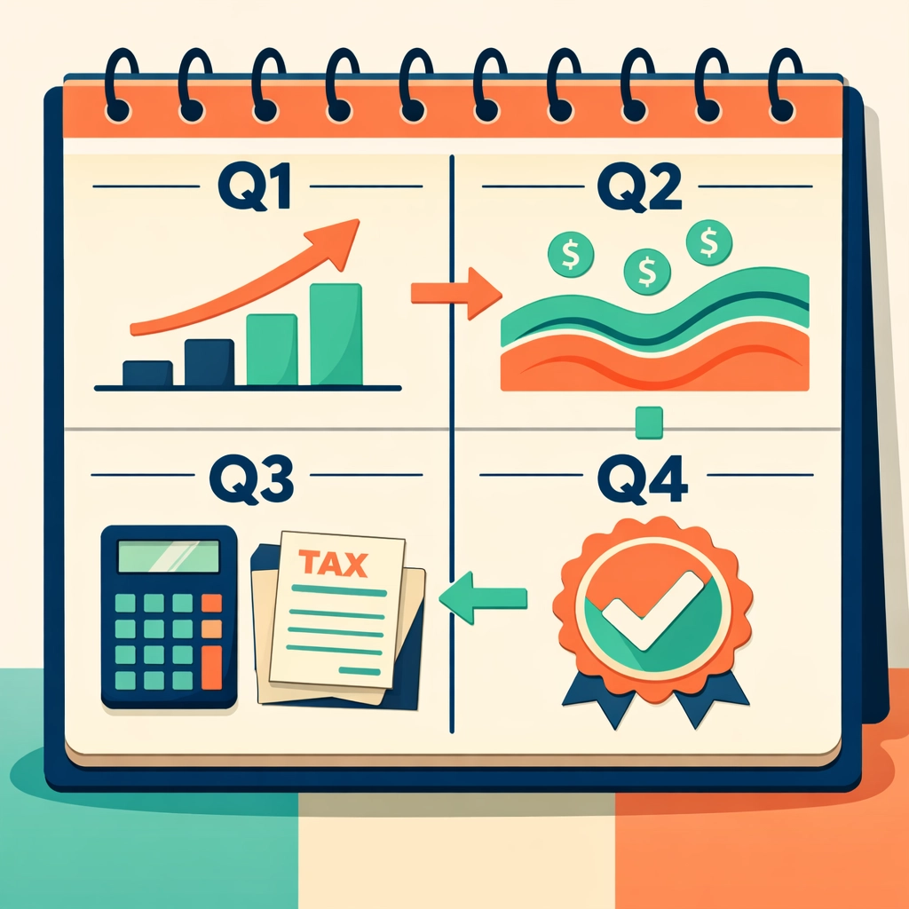 Quarterly financial calendar showing profit trends and tax planning checkpoints throughout the year