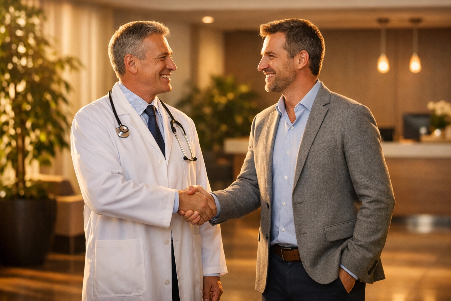 Doctor and advisor handshake after obtaining a loan for a medical clinic with bad credit.