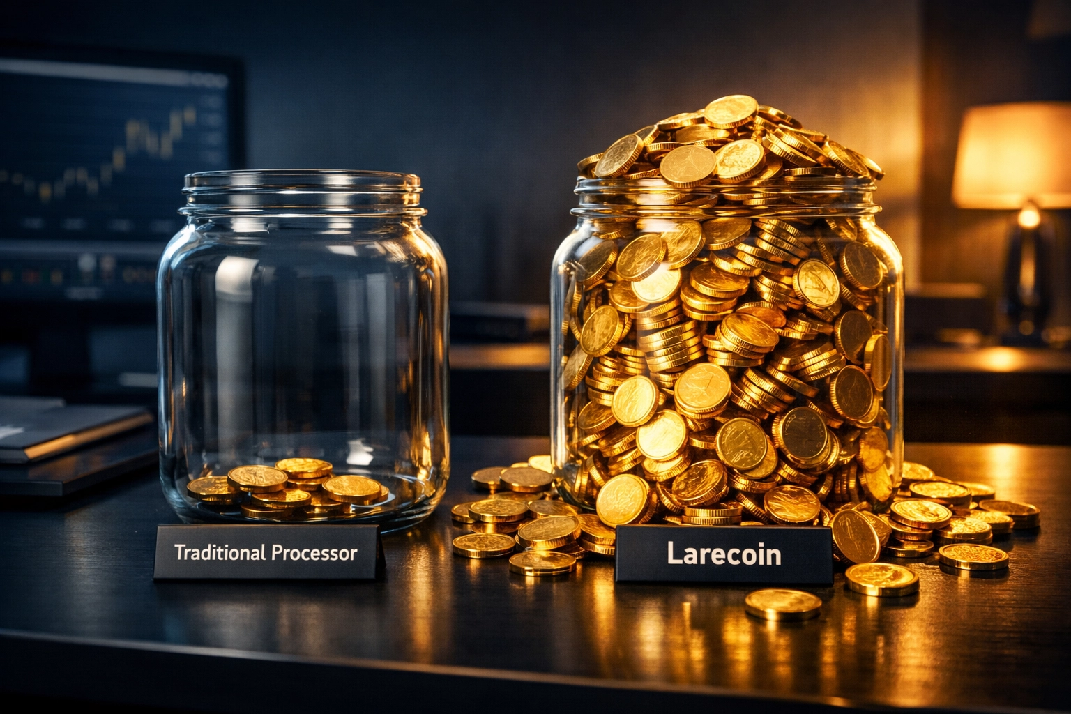 Comparison showing Larecoin's 95% fee savings versus traditional crypto payment processors