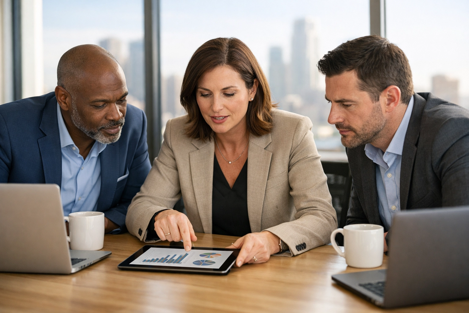 Business leaders analyzing ServiceNow implementation strategy and ROI in a modern boardroom.