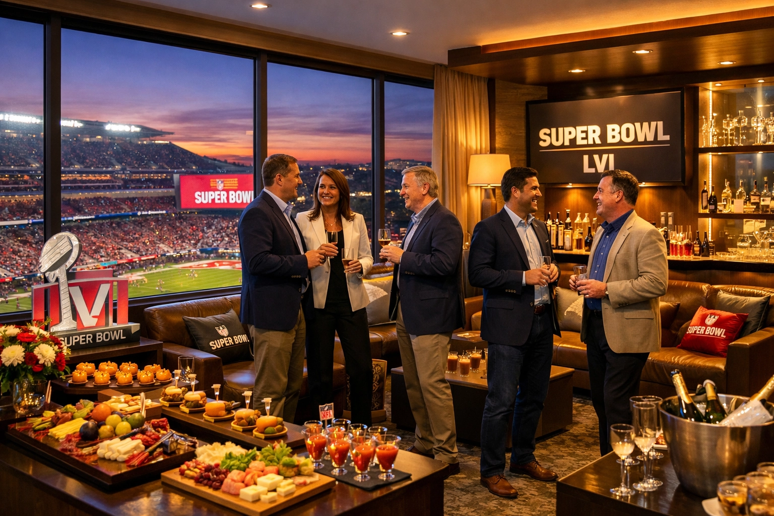 Luxury Super Bowl corporate hospitality suite with executives networking and branded touchpoints