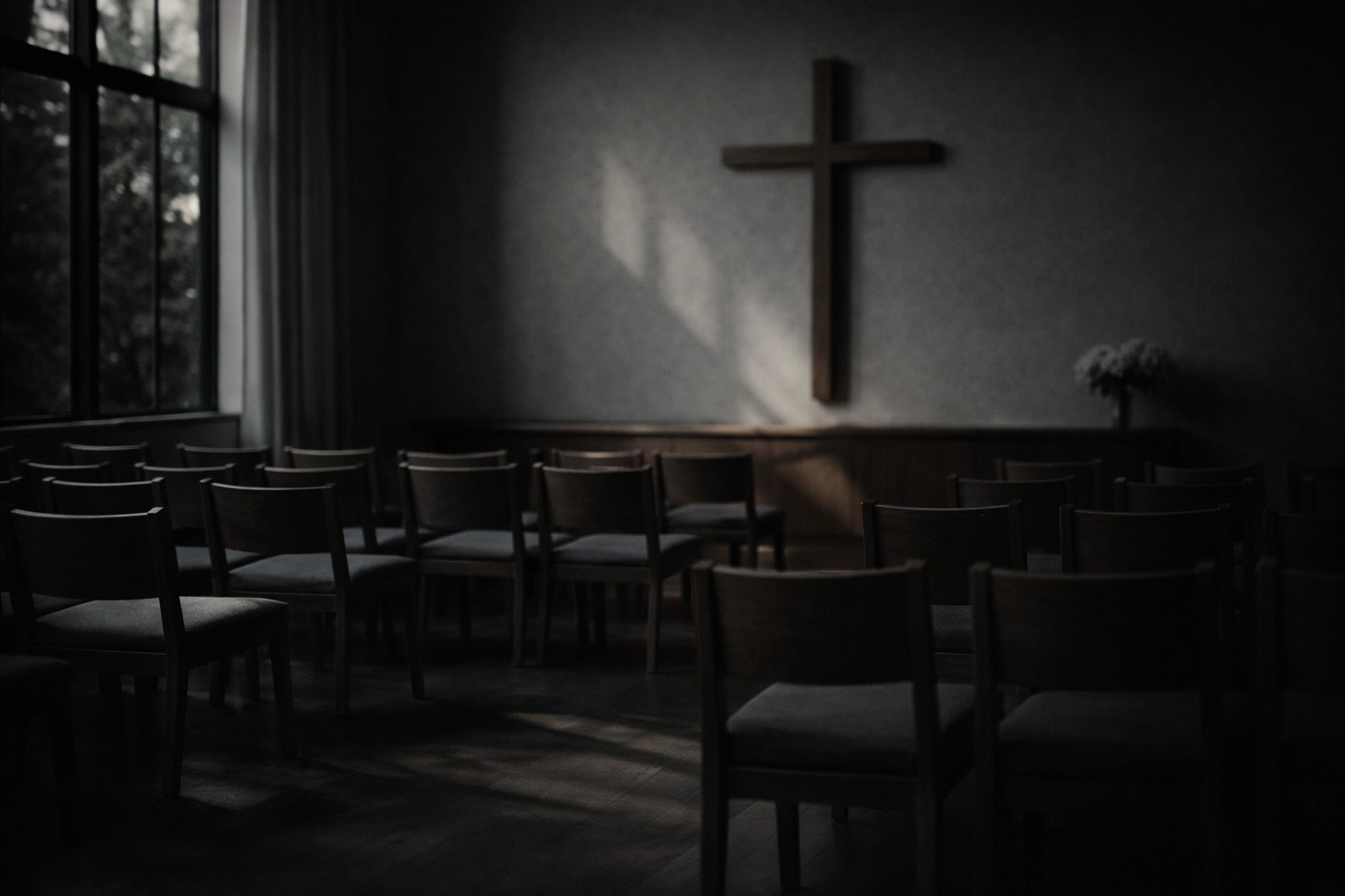A quiet sanctuary before service—muted tones, natural light, and a reflective, cinematic feel.