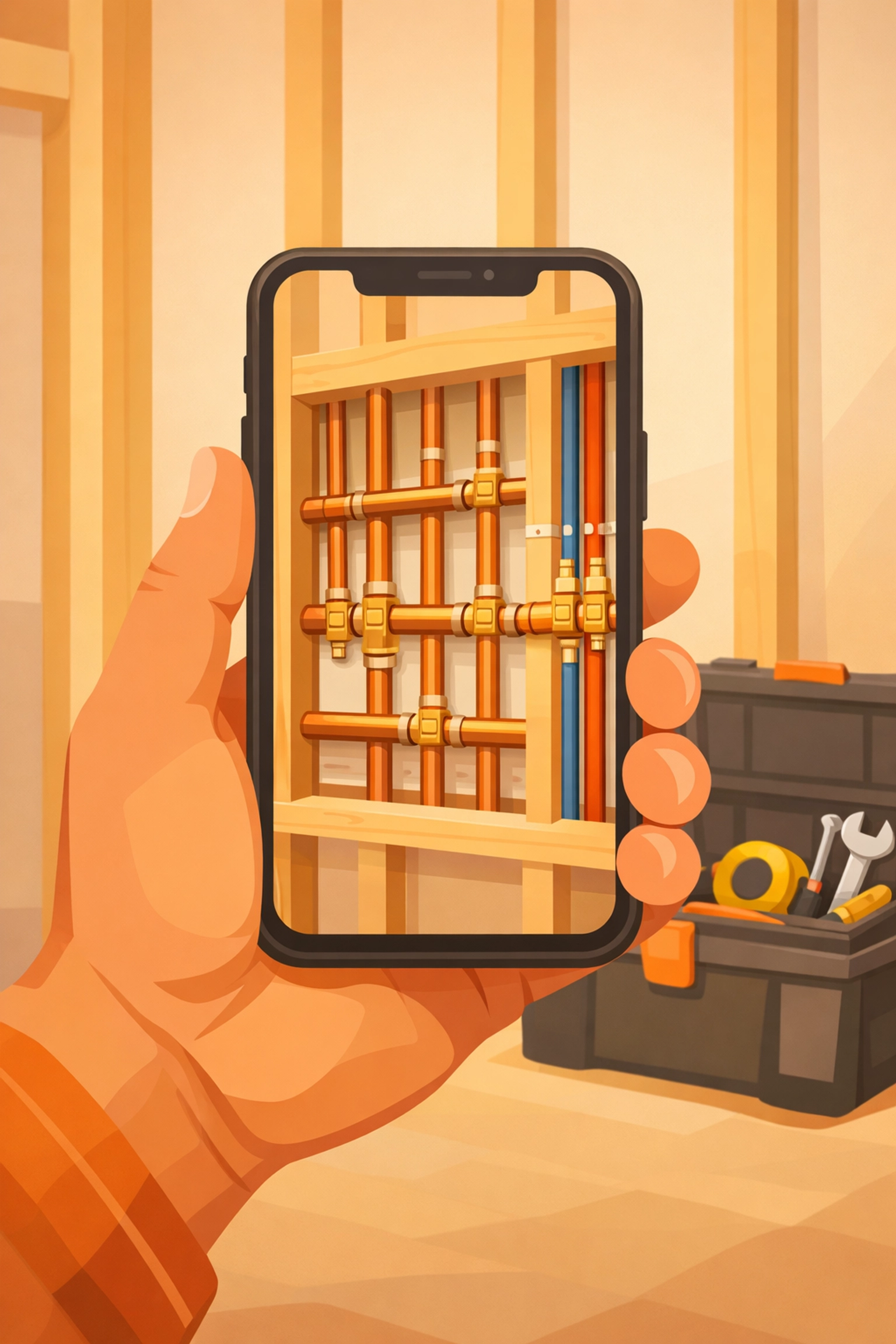 Construction photo documentation on a smartphone showing plumbing work behind a wall frame.