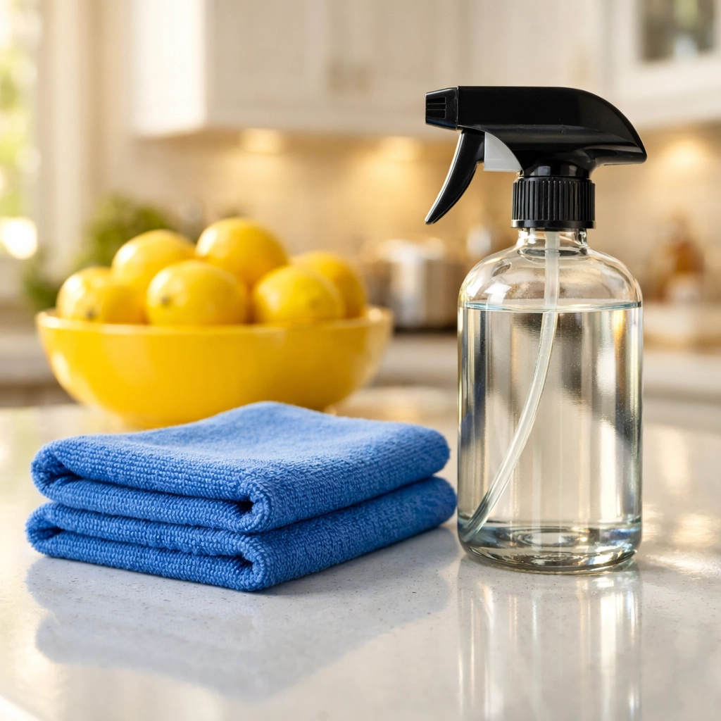 Professional eco-friendly residential cleaning Massachusetts supplies on a luxury white quartz kitchen island.