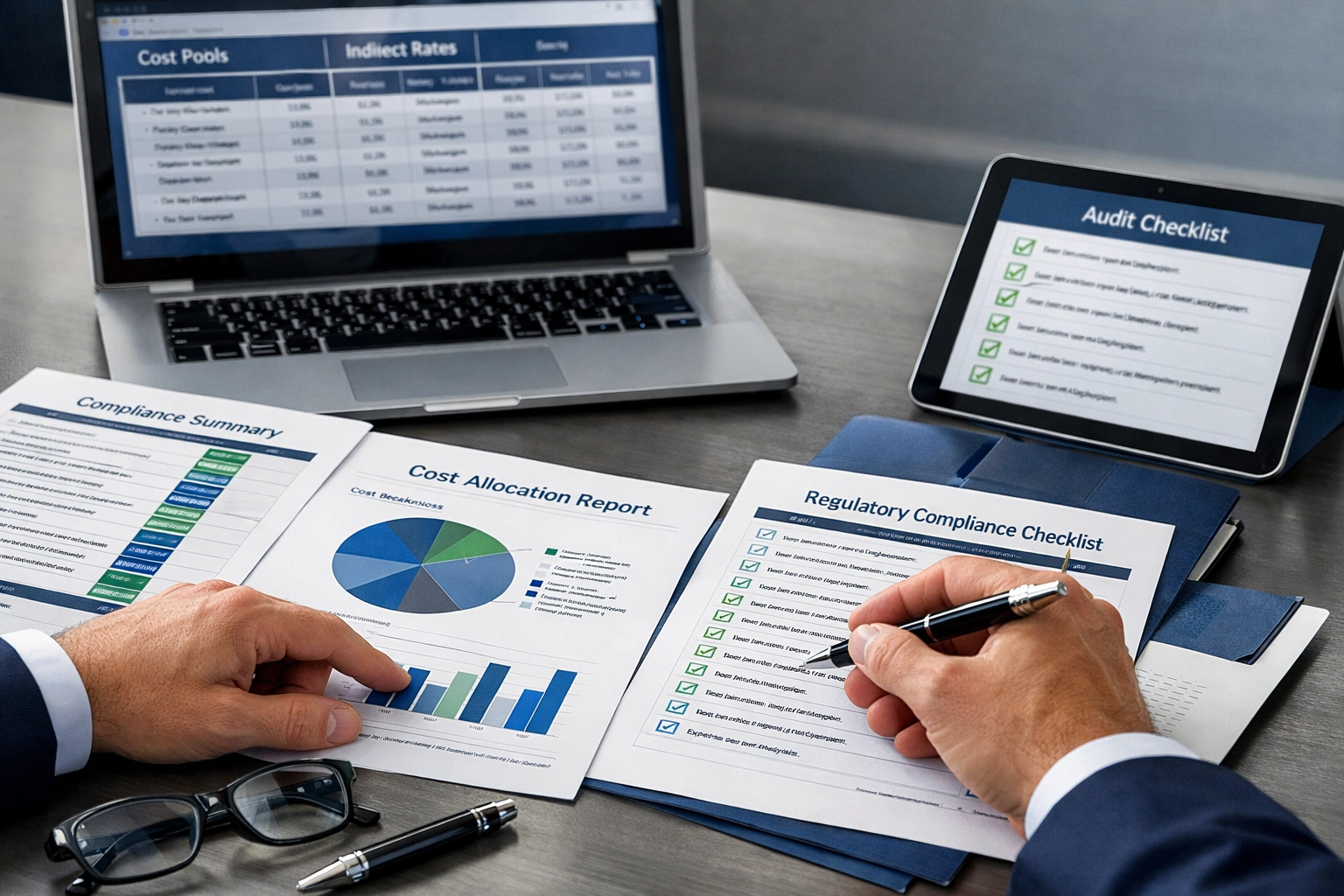 Professional analyzing FAR compliance documents and audit checklists for defense contracting