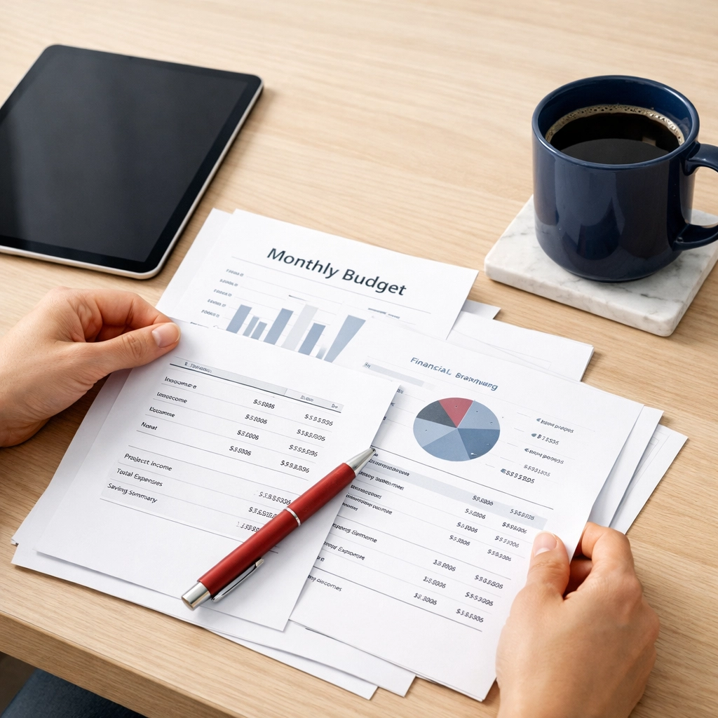 Close-up of financial planning documents helping a person manage their credit mix and avoid debt.