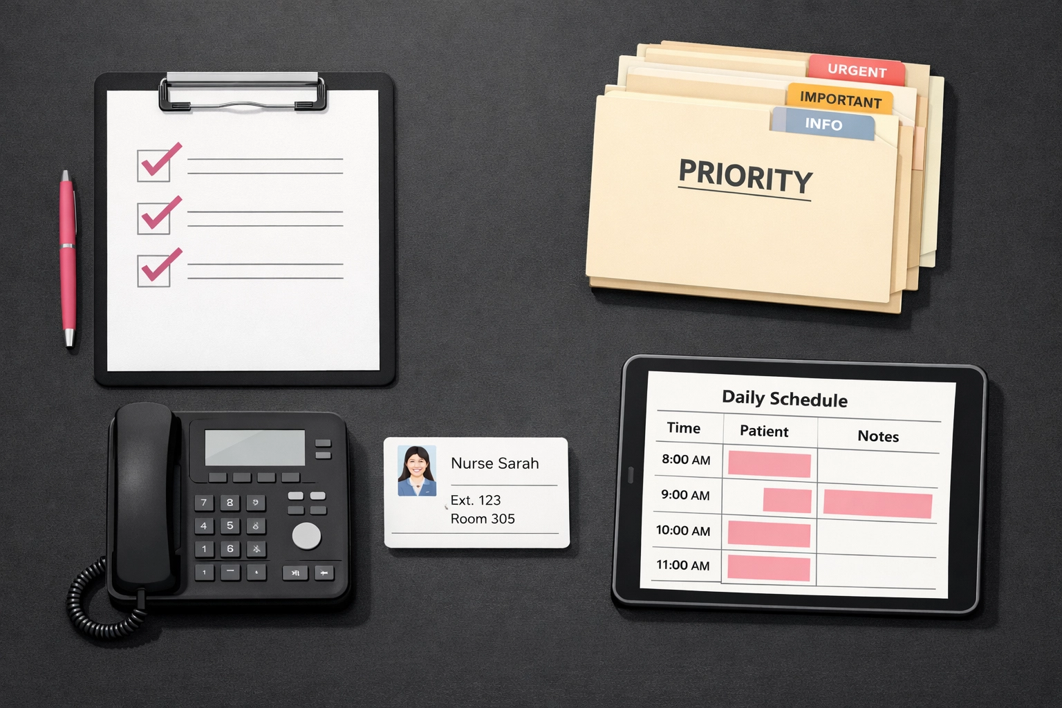 Organized nursing desk with DON onboarding checklist and priority management system