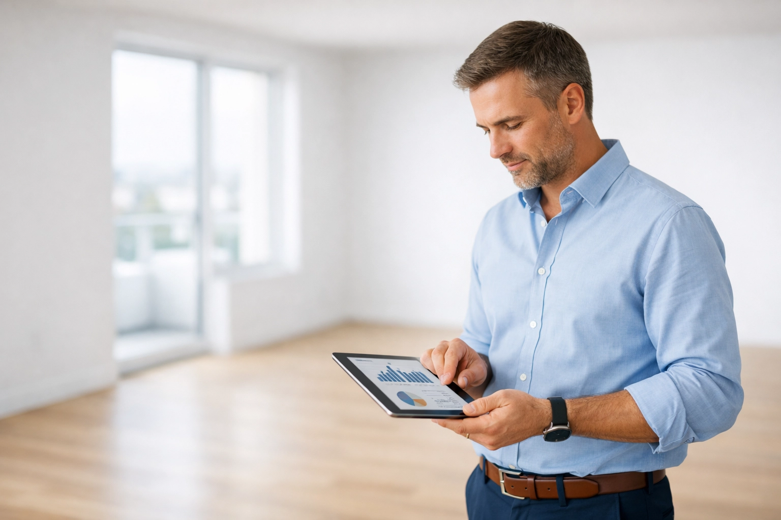 Property manager analyzing vacancy costs on tablet in empty apartment unit