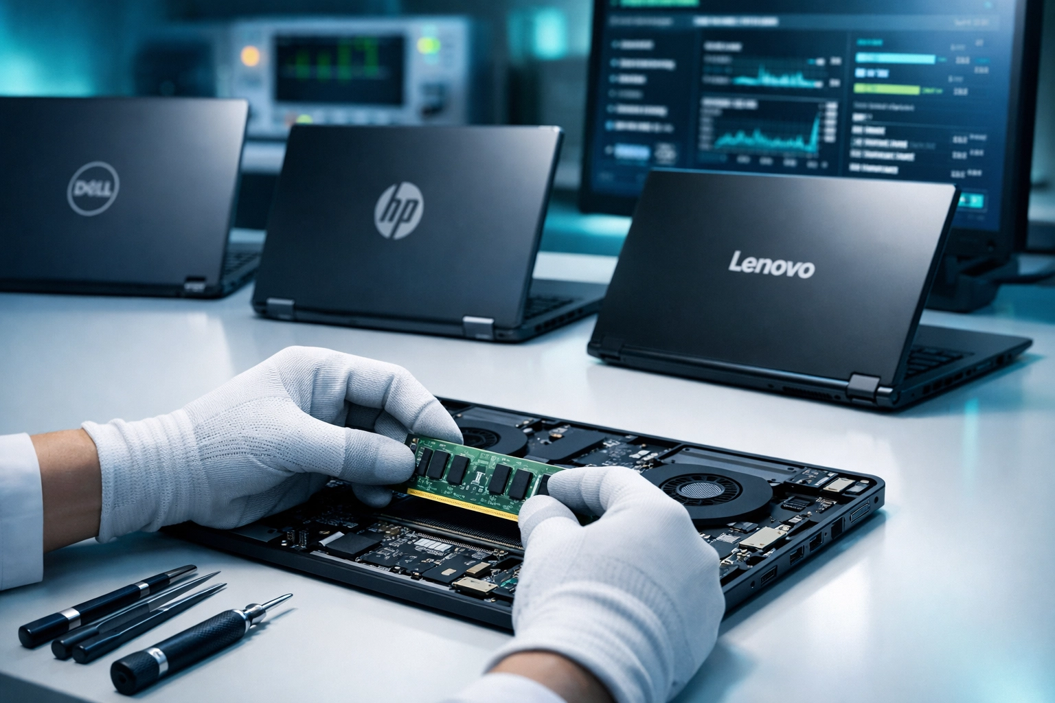 Technician installing RAM module in laptop for hardware diagnostics and repair
