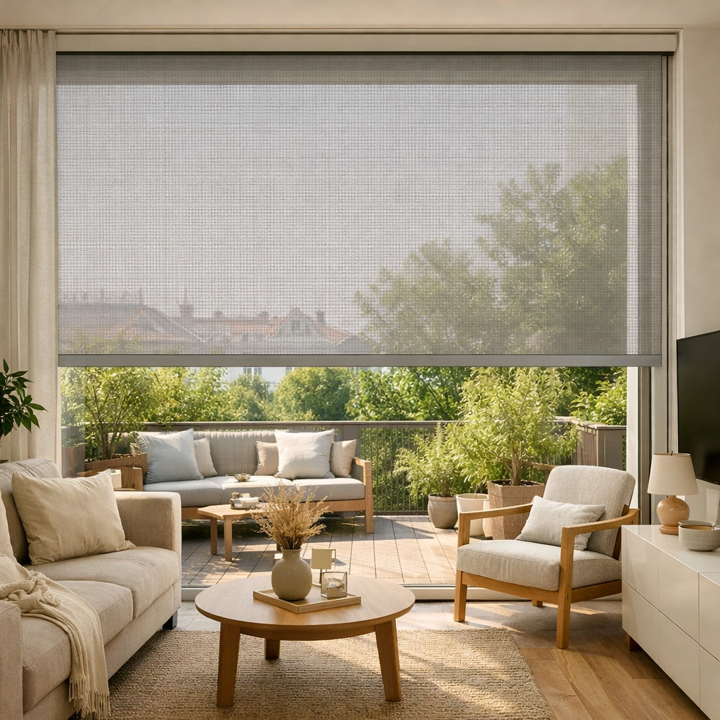 Innenansicht: Zip Screen Wien mit integriertem Insektenschutz für eine insektenfreie, helle Terrasse.