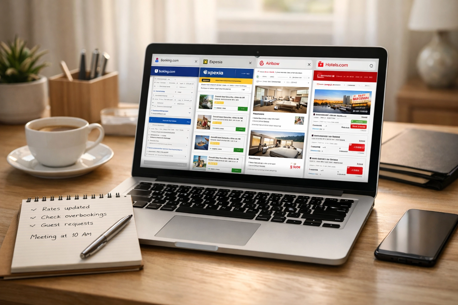 Hotel manager reviewing OTA bookings and channel performance data on laptop