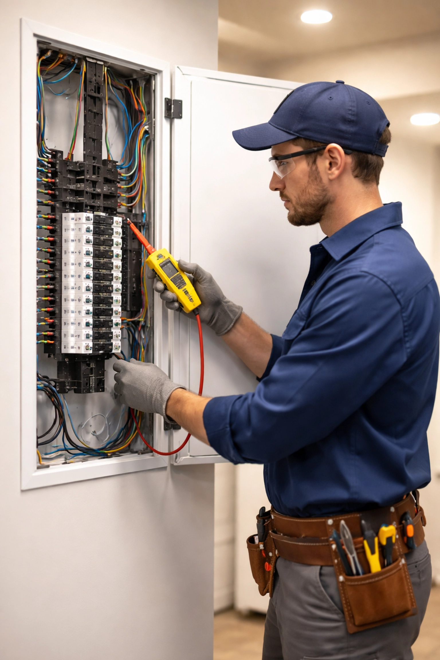 Licensed electrician inspecting new electrical panel installation for safe, modern home upgrades