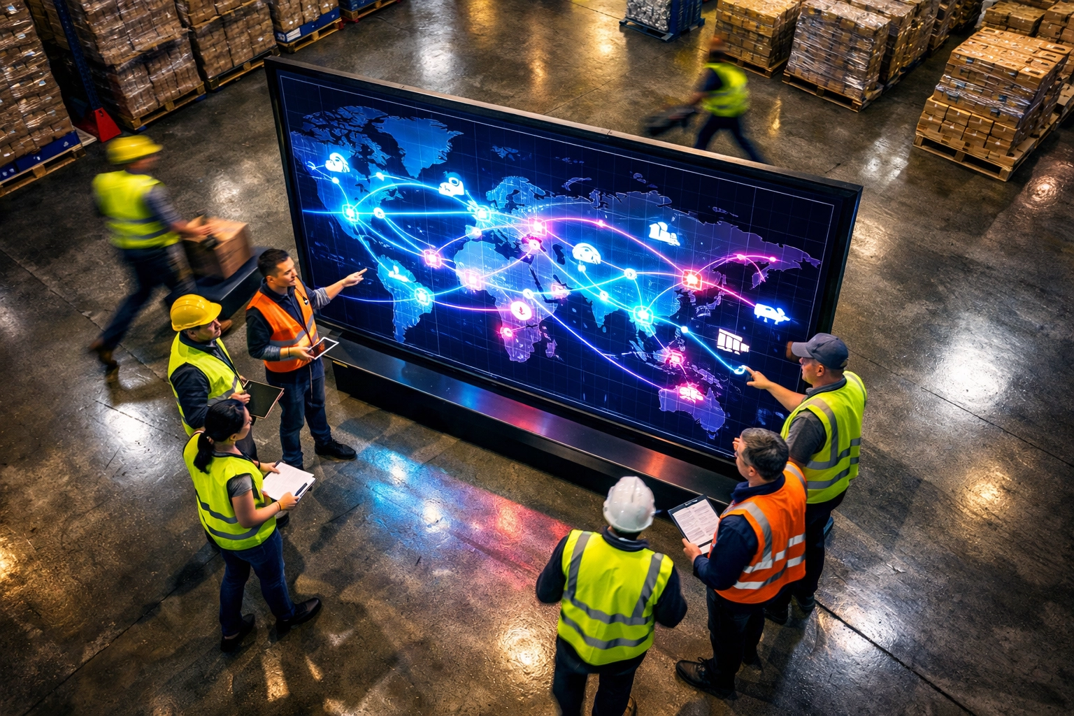 Modern warehouse workers coordinating procurement logistics operations around digital supply chain display