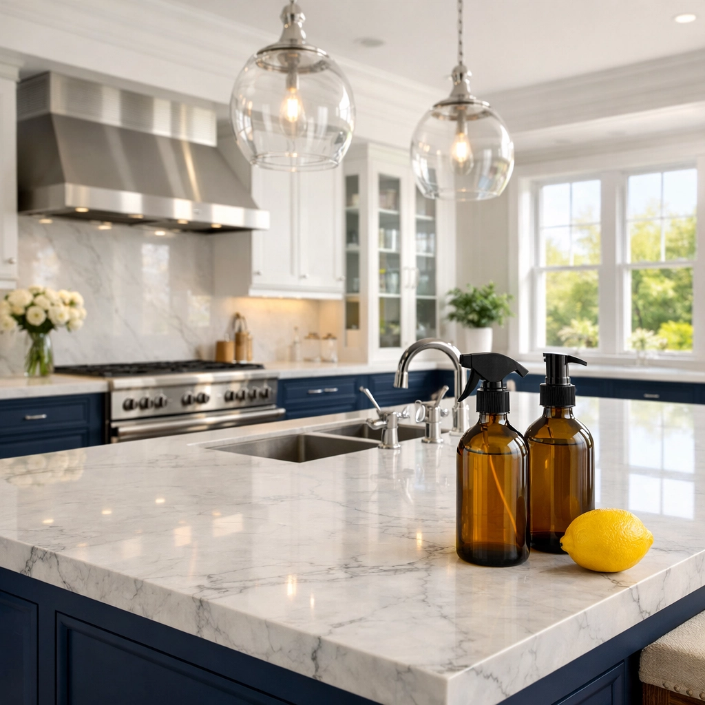 Spotless luxury kitchen in Carlisle featuring eco-friendly cleaning products on marble counters.