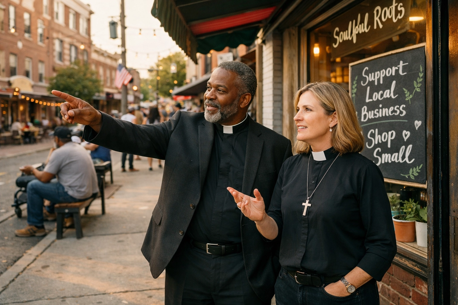 Church leaders standing outside a local business to coordinate faith-led community economic development.