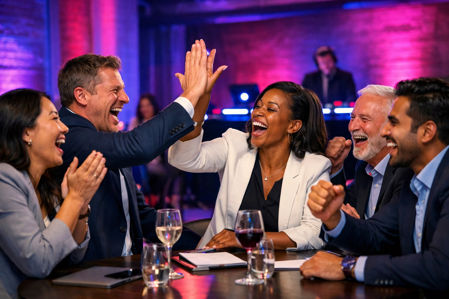 Employees cheering and high-fiving at a modern corporate team building event with professional DJ entertainment.
