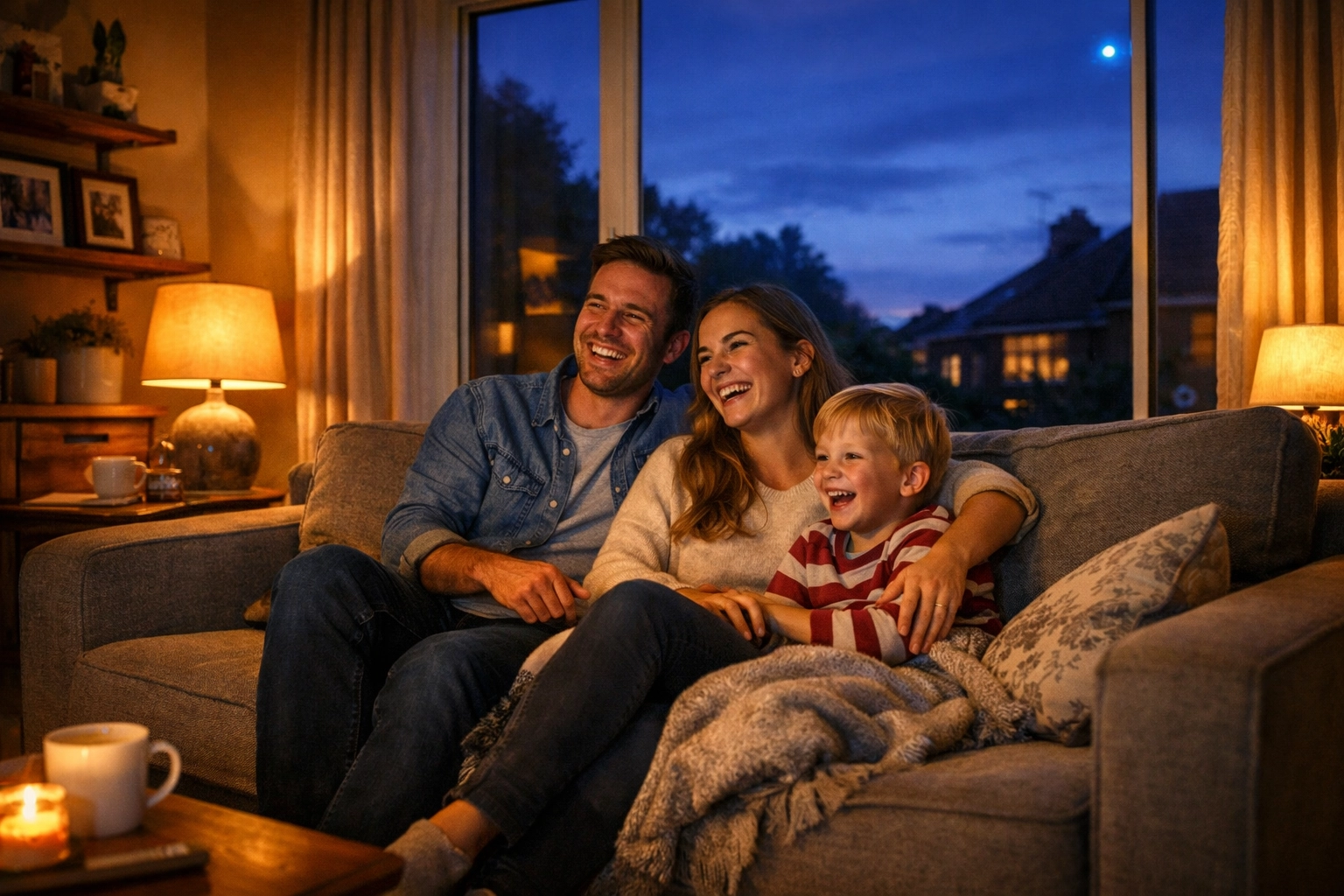 A family relaxing safely at home in Tadley thanks to a professional home security system installation.