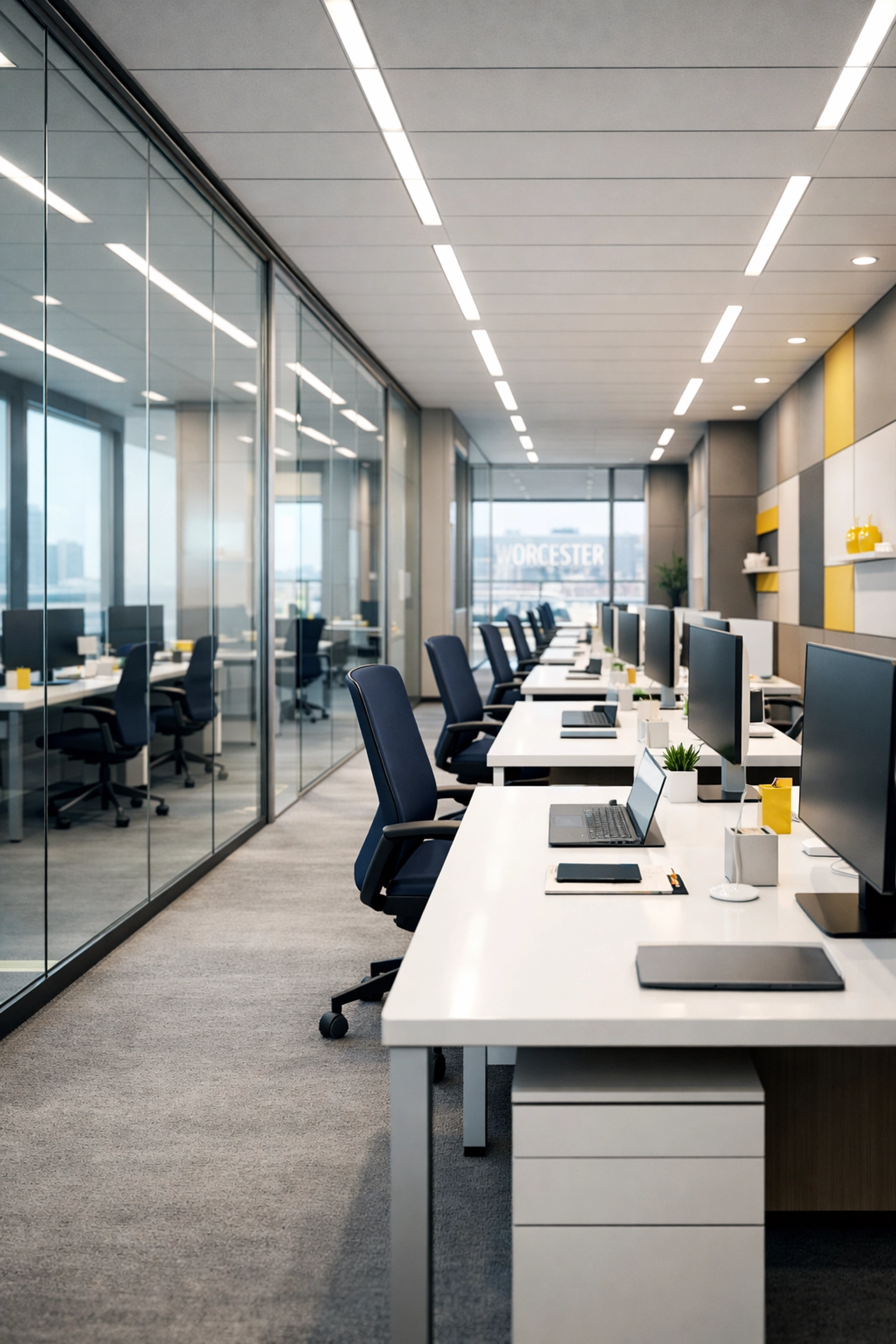 A sanitized and dust-free commercial workspace showcasing expert office cleaning Worcester results.