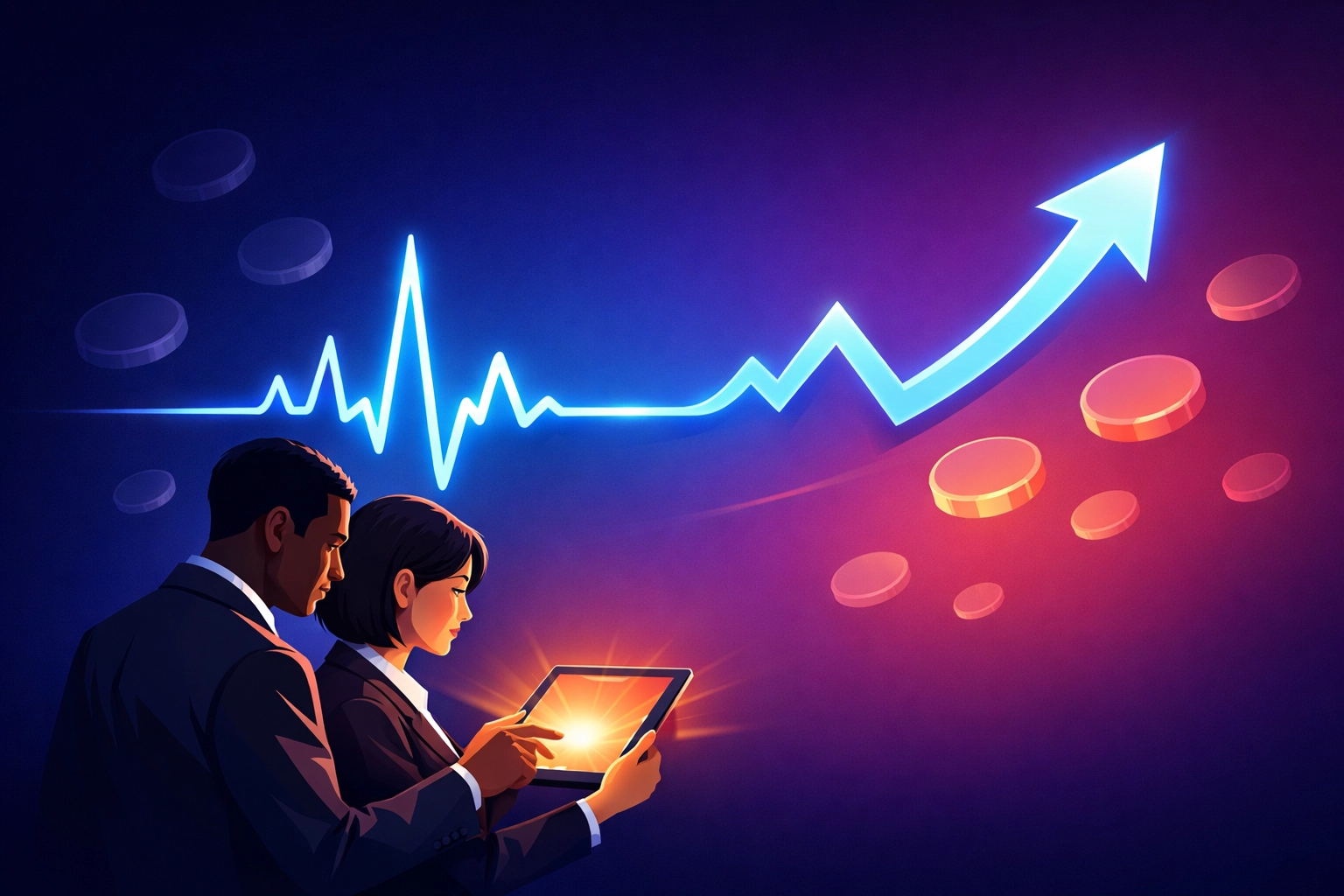 Business partners viewing upward growth trends on a tablet to improve small business cash flow.