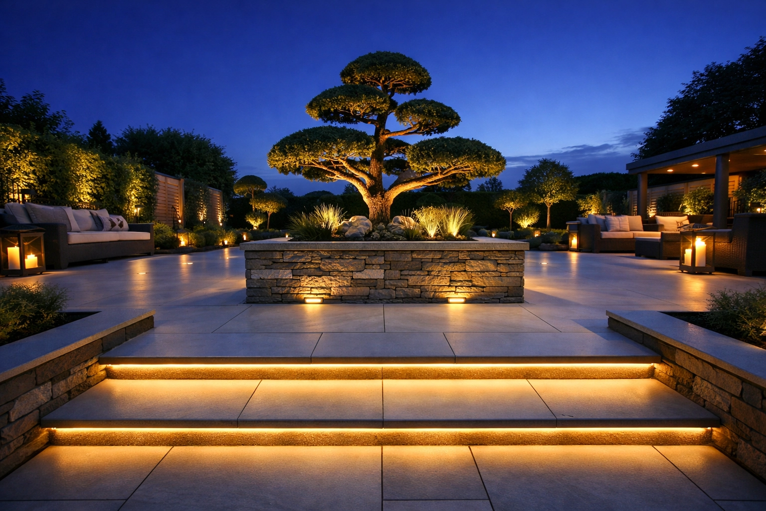 Premium porcelain patio installation in Barry with integrated lighting and expert stone masonry by JJPM.