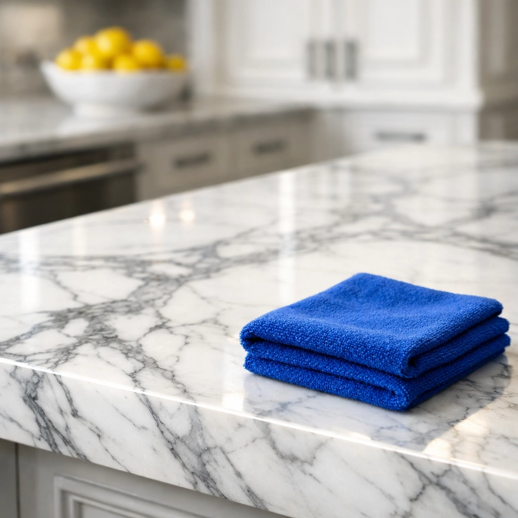 Polished marble kitchen island in a Newton estate cleaned with luxury house cleaning techniques.