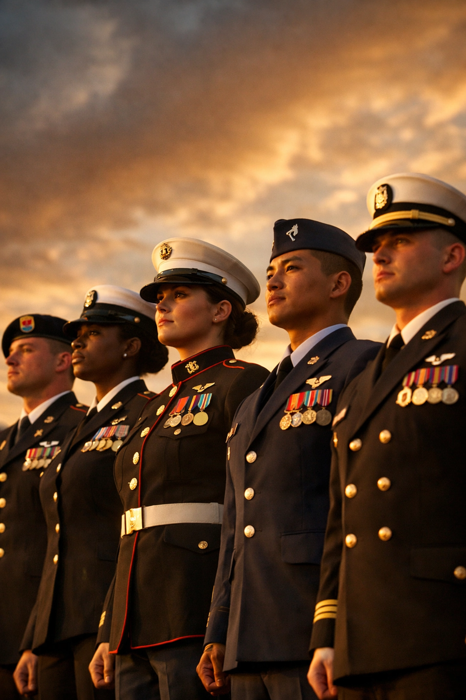 Proud LGBTQ+ military service members in dress uniforms standing at attention