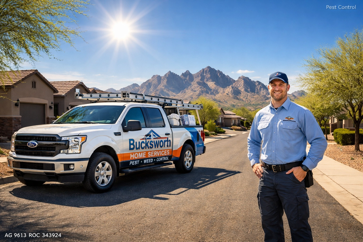 Bucksworth service truck in a Queen Creek neighborhood providing local scorpion control solutions.