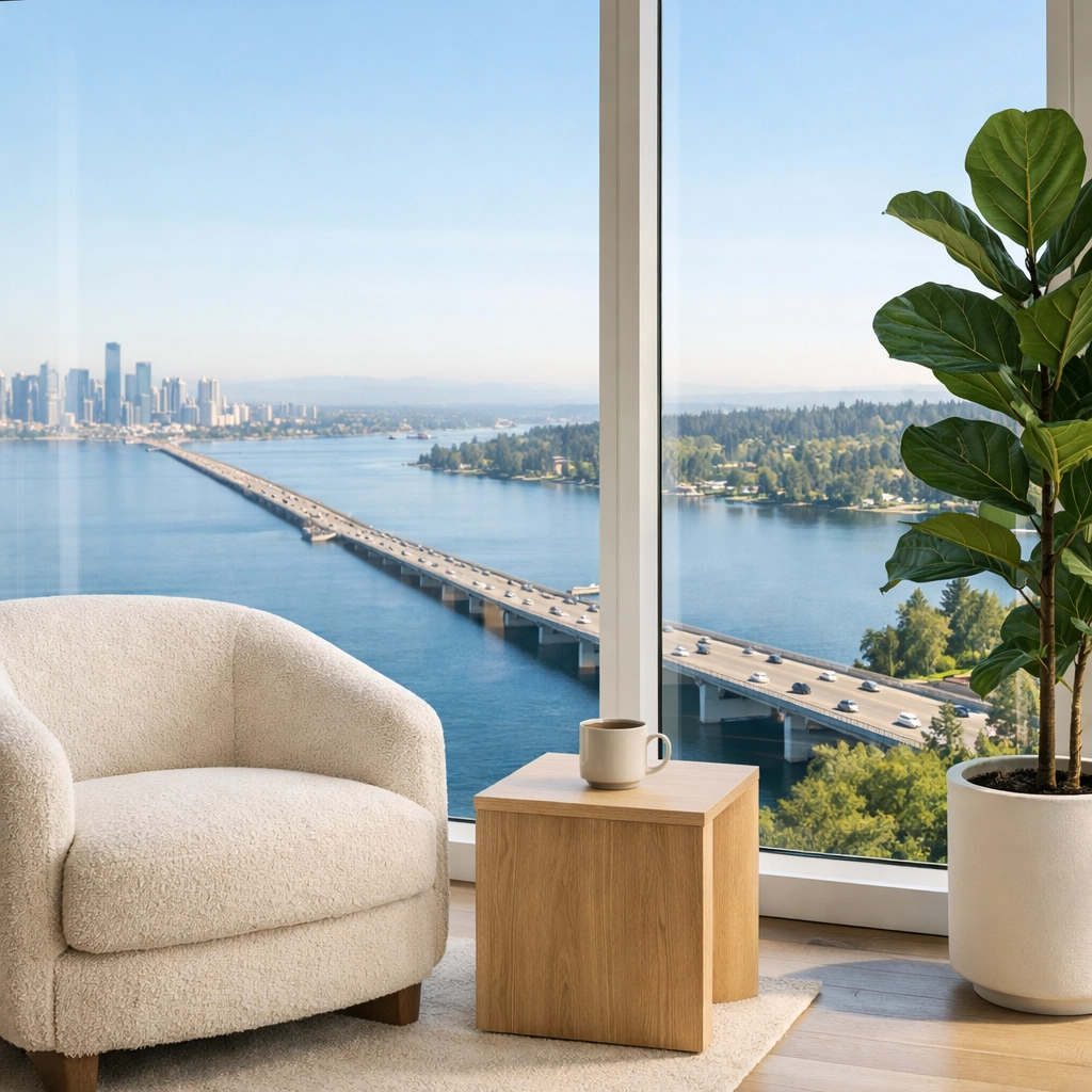 Modern Seattle apartment interior with views of the SR-520 bridge for an easy commute to Microsoft in Redmond.