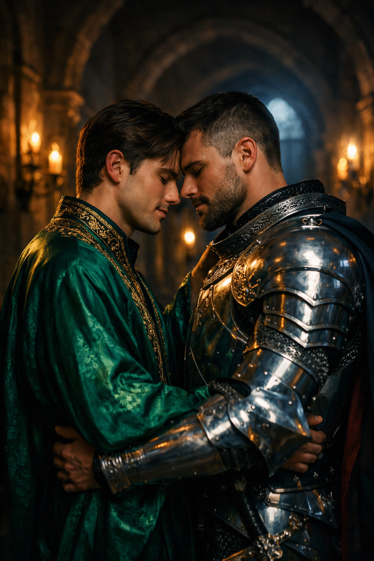 Prince in emerald silk and knight in silver armor sharing an intimate moment in a moonlit palace.