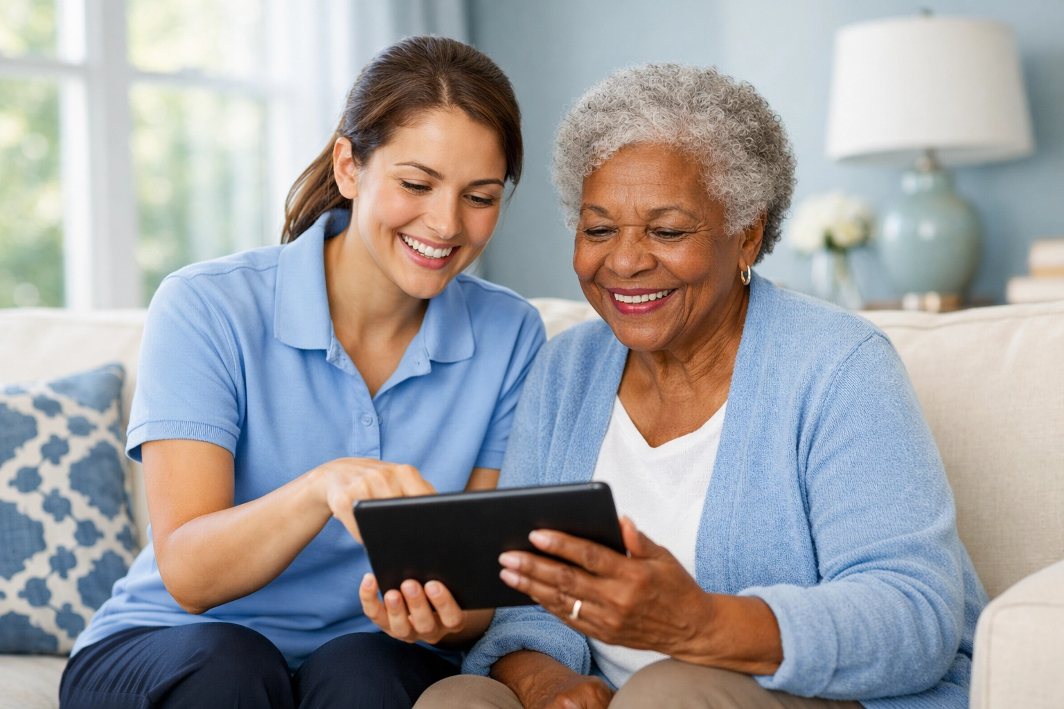 Caregiver and senior in Warrenton, VA reviewing a customized private pay home care plan on a tablet.