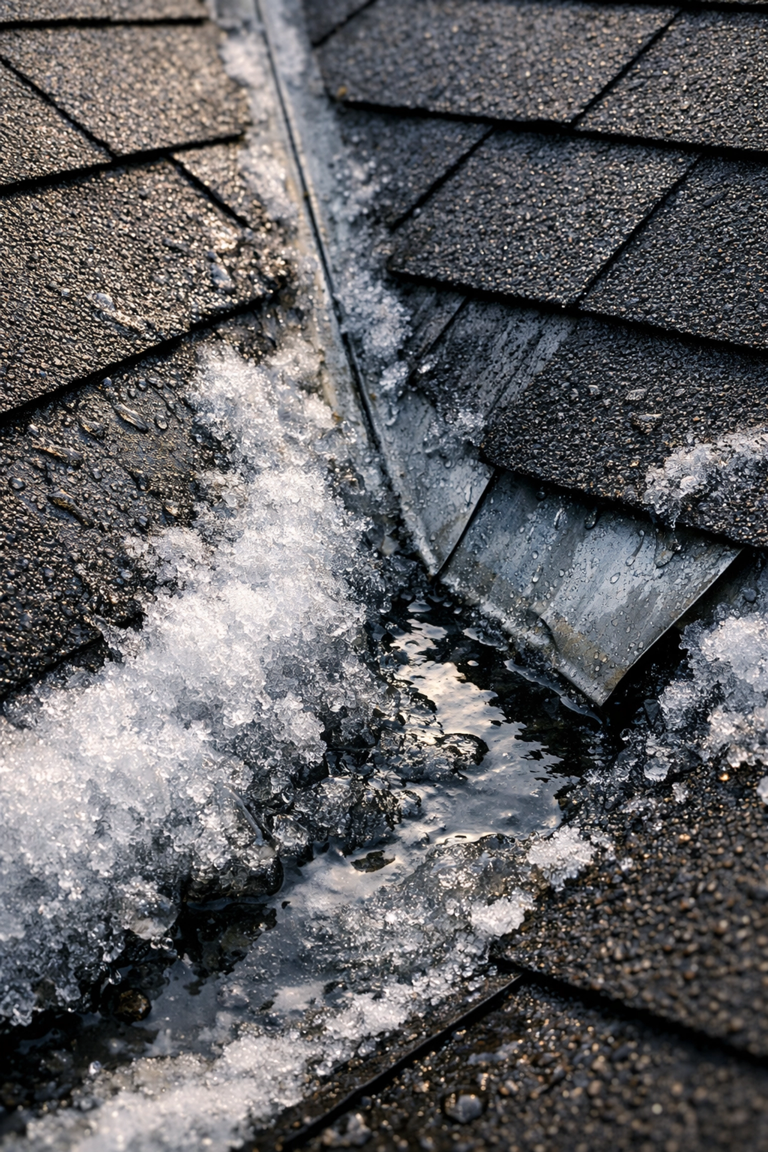 Ice buildup and water pooling in residential roof valley during Lake Norman snowstorm