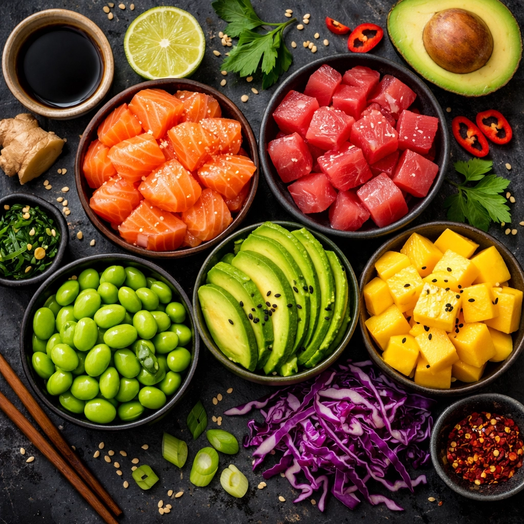 Sélection d'ingrédients frais et colorés pour composer son poke bowl : saumon, avocat et légumes.