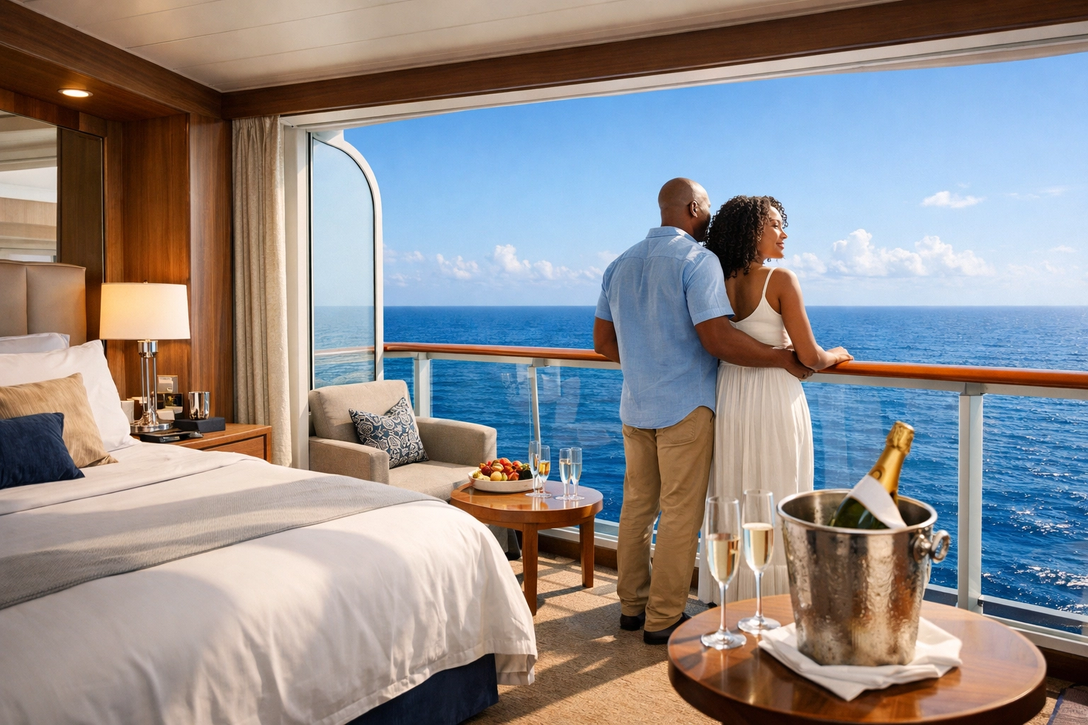 Black couple on a private balcony suite booked with top luxury cruise deals.