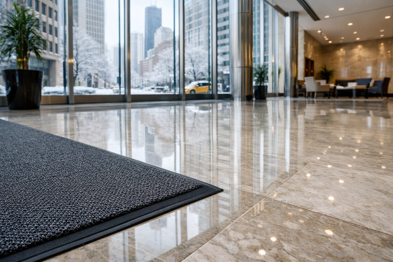Clean Chicago property lobby with polished floors and salt-protection mats for winter maintenance.