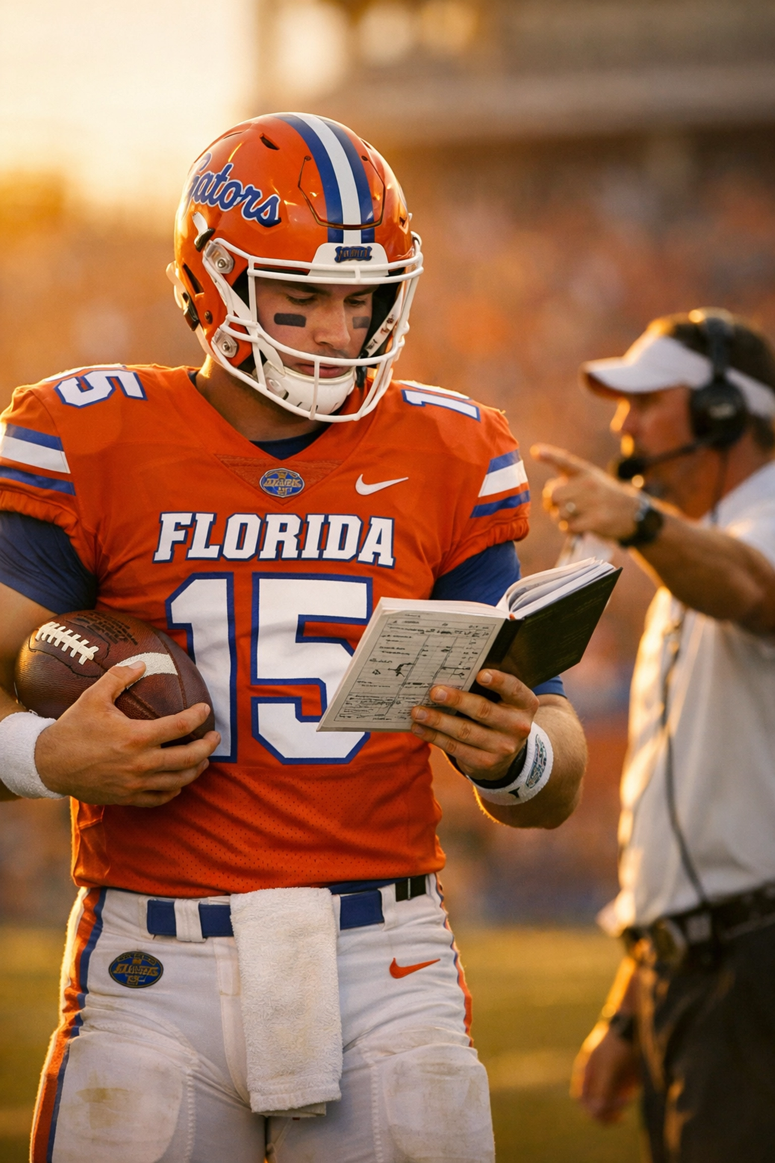Florida Gators quarterback studying playbook with offensive coordinator Buster Faulkner