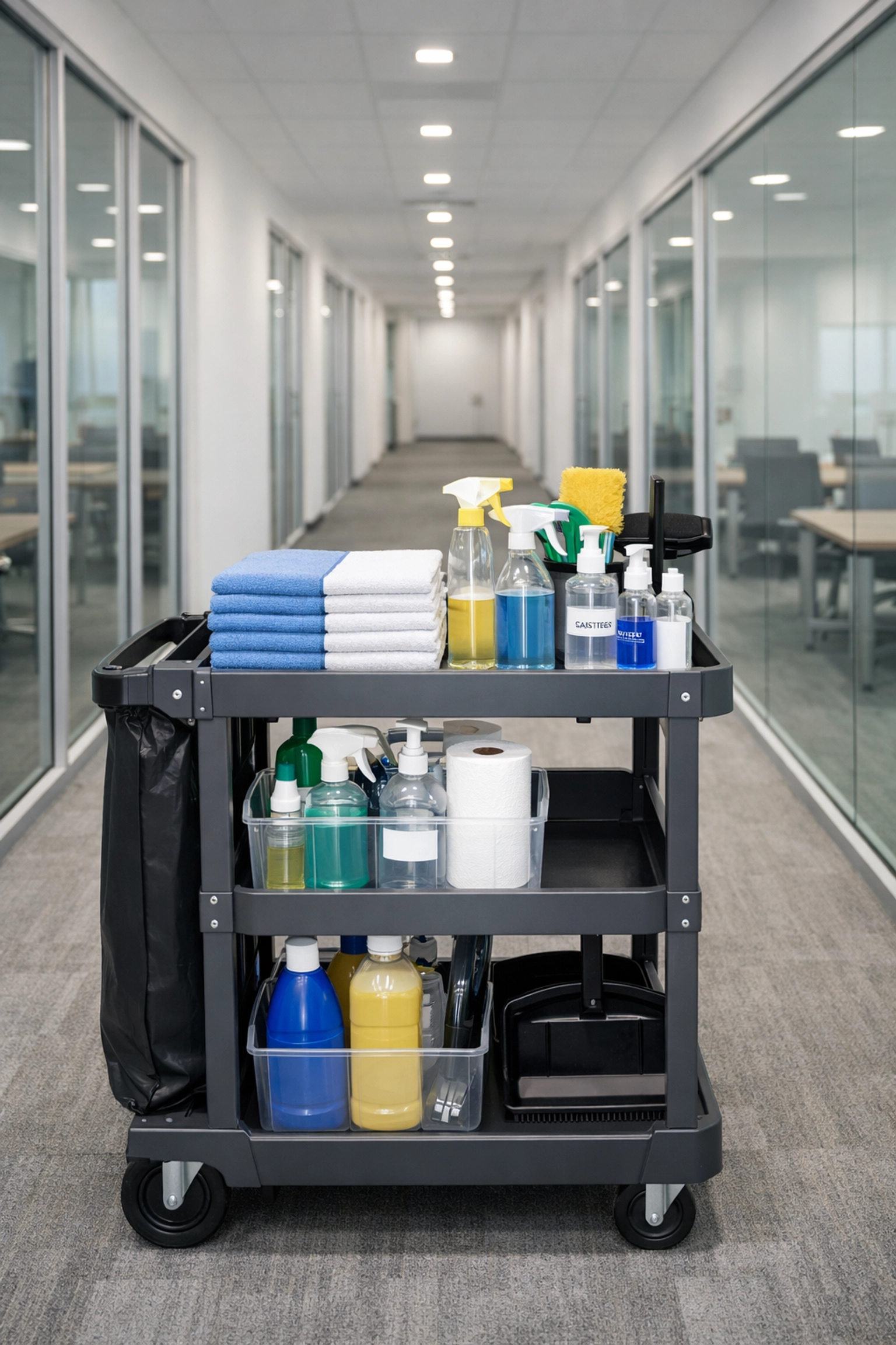 Organized janitorial cart with professional cleaning supplies in a clean modern office corridor.