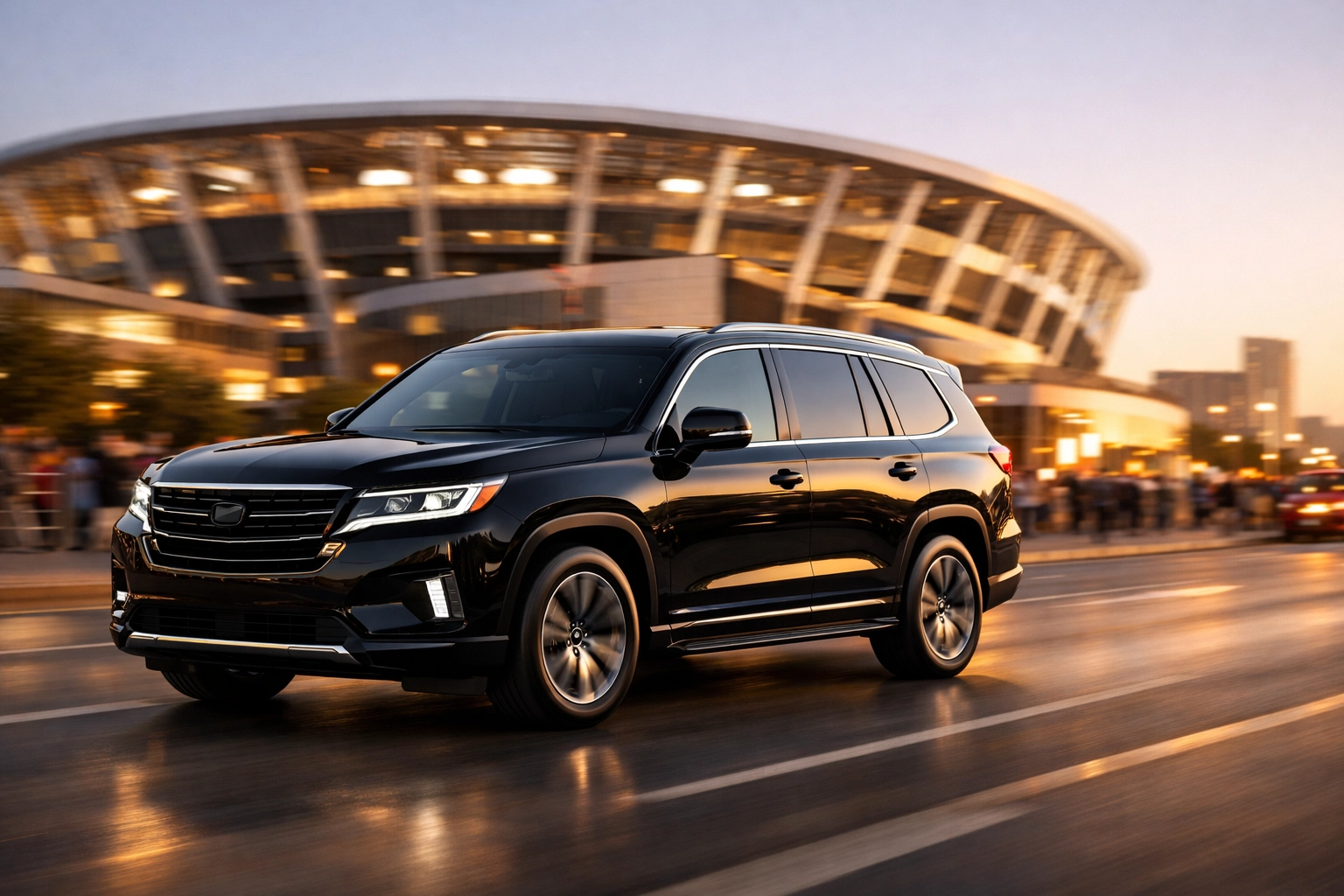 Black executive SUV providing professional corporate transport near a major football stadium.