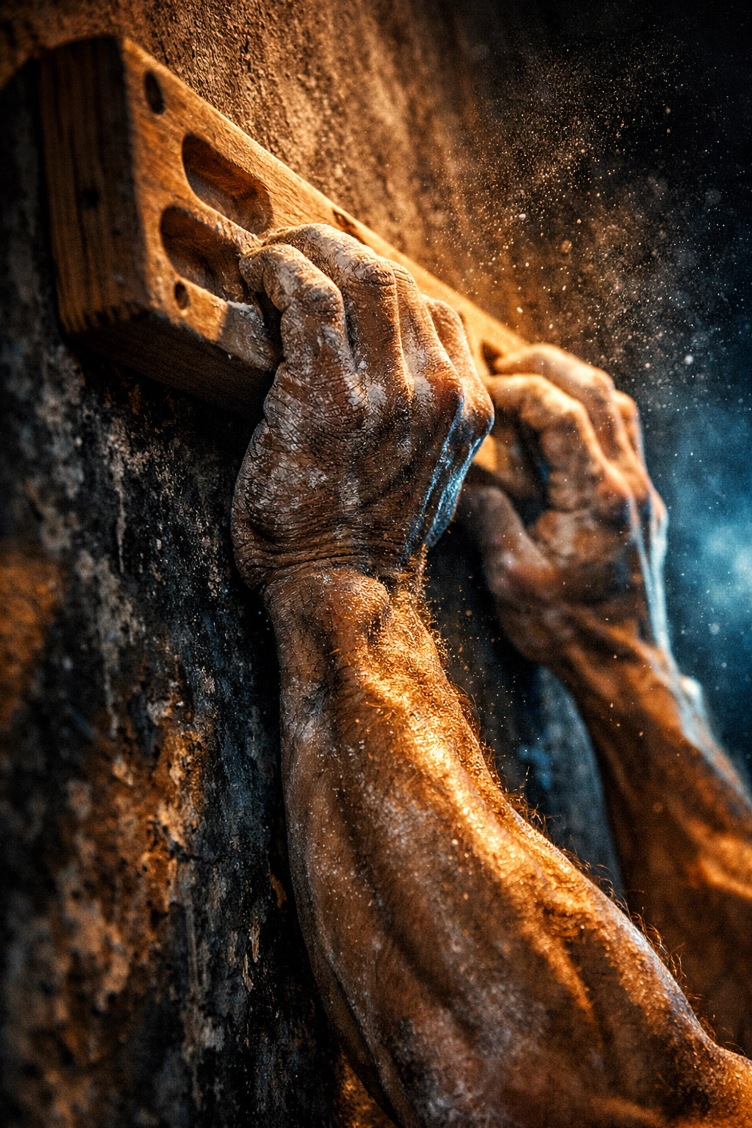 Close-up of hands gripping hangboard for ninja warrior grip strength training at home
