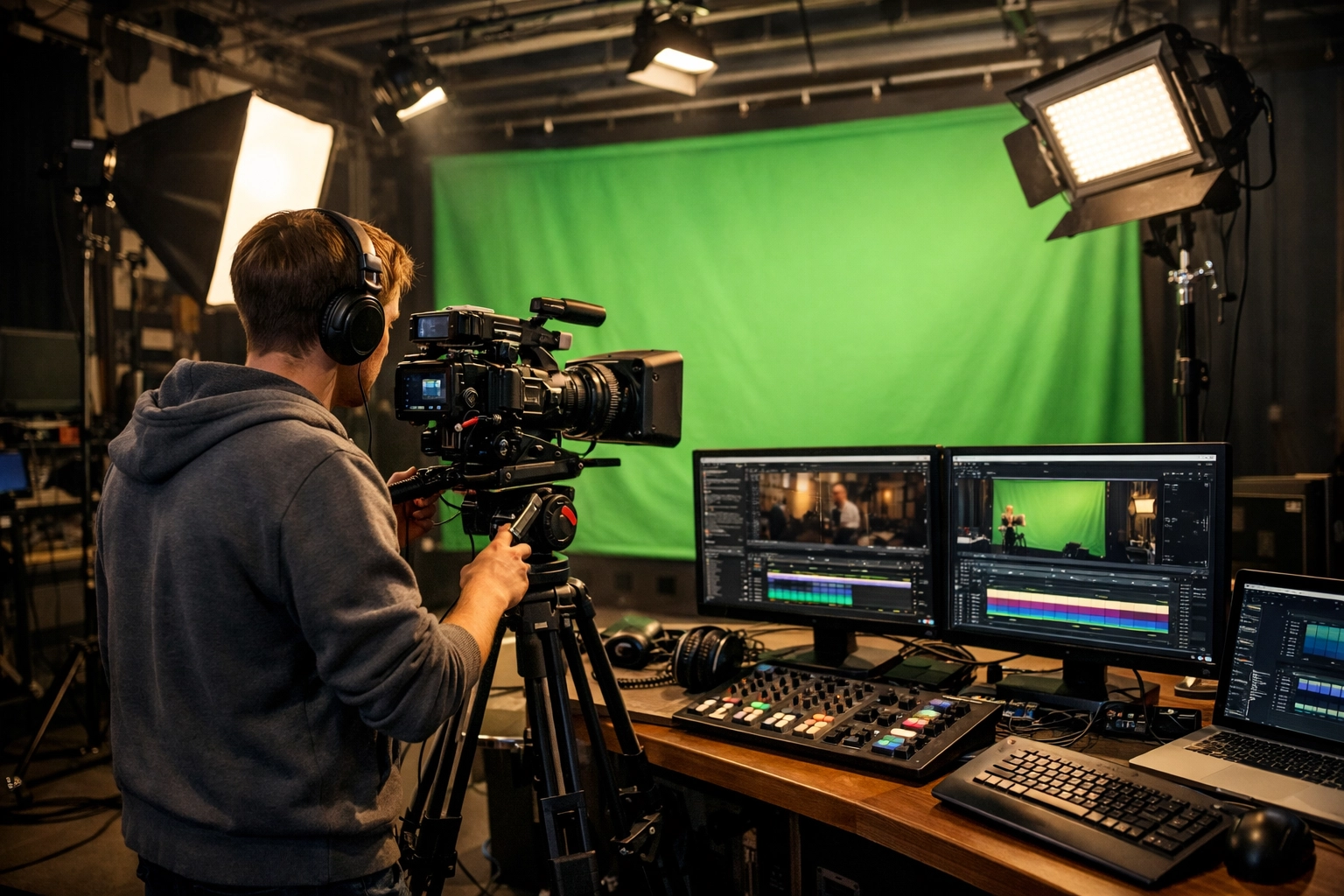 Content creation pod with professional broadcasting equipment and editing stations for student training